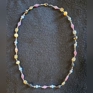 Pretty vintage pastel mauve, blue, & silver 25" lightweight beaded necklace
